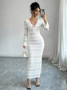 Rafferiza Women's V-Neck High Slit Long Sleeve Lace Mesh Bodycon Maxi Dress,Elegant White Tie Front Midi Long Dress For Autumn Dining - White - View 1
