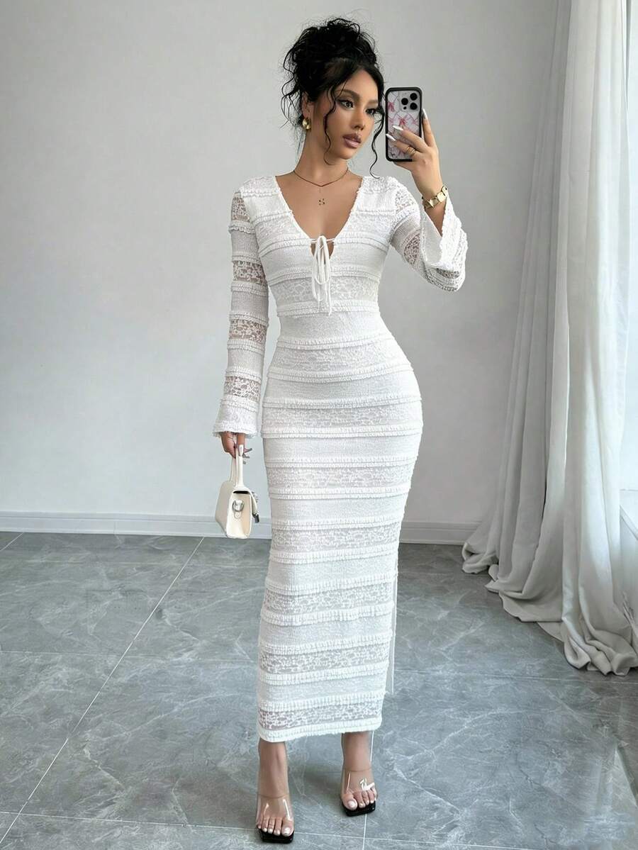 Rafferiza Women's V-Neck High Slit Long Sleeve Lace Mesh Bodycon Maxi Dress,Elegant White Tie Front Midi Long Dress For Autumn Dining - White - View 1
