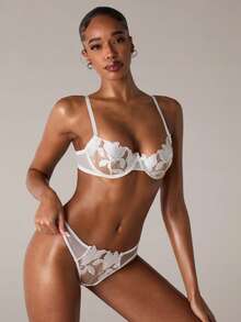 SHEIN BAE 2pcs/Set Romantic White Burning Flower & Maple Leaf Sexy Lingerie Set - White - View 3