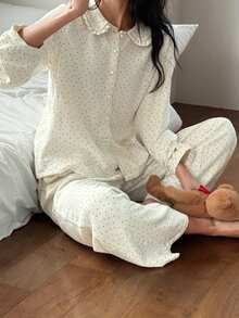 DAZY Cute Polka Dot Peter Pan Collar Women Pajama Set - Beige - View 4