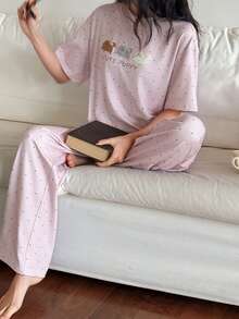 DAZY 2pcs Women Dog Print Polka Dot Loose Short Sleeve Pajama Set - Pink - View 3