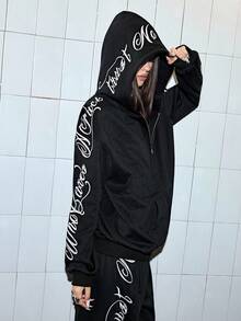 ROMWE Avant 超大款图案刺绣卫衣 - 黑色 - 查看 3