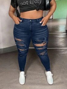 Plus High Waist Ripped Skinny Jeans - Dark Wash - View 6