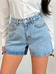 EURMUSE High Waist Front Pocket Detailed Denim Short - Medium Wash - View 6