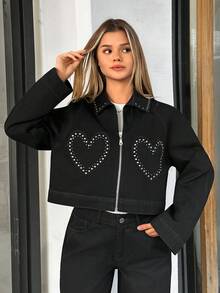 SHEIN Single-Breasted Casual Denim Jacket And Jeans Set - Black - View 6