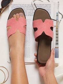 SHUZIA Women Shoes Minimalist Open Toe Thin Flat Bottom Everyday Basic Slip-On Slippers PU Pink Sliders - Pink - View 3