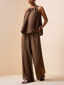 Zivah Women's Sleeveless Ruched Halter Top And Wide Leg Pants Casual Suit - Coffee Brown - View 4
