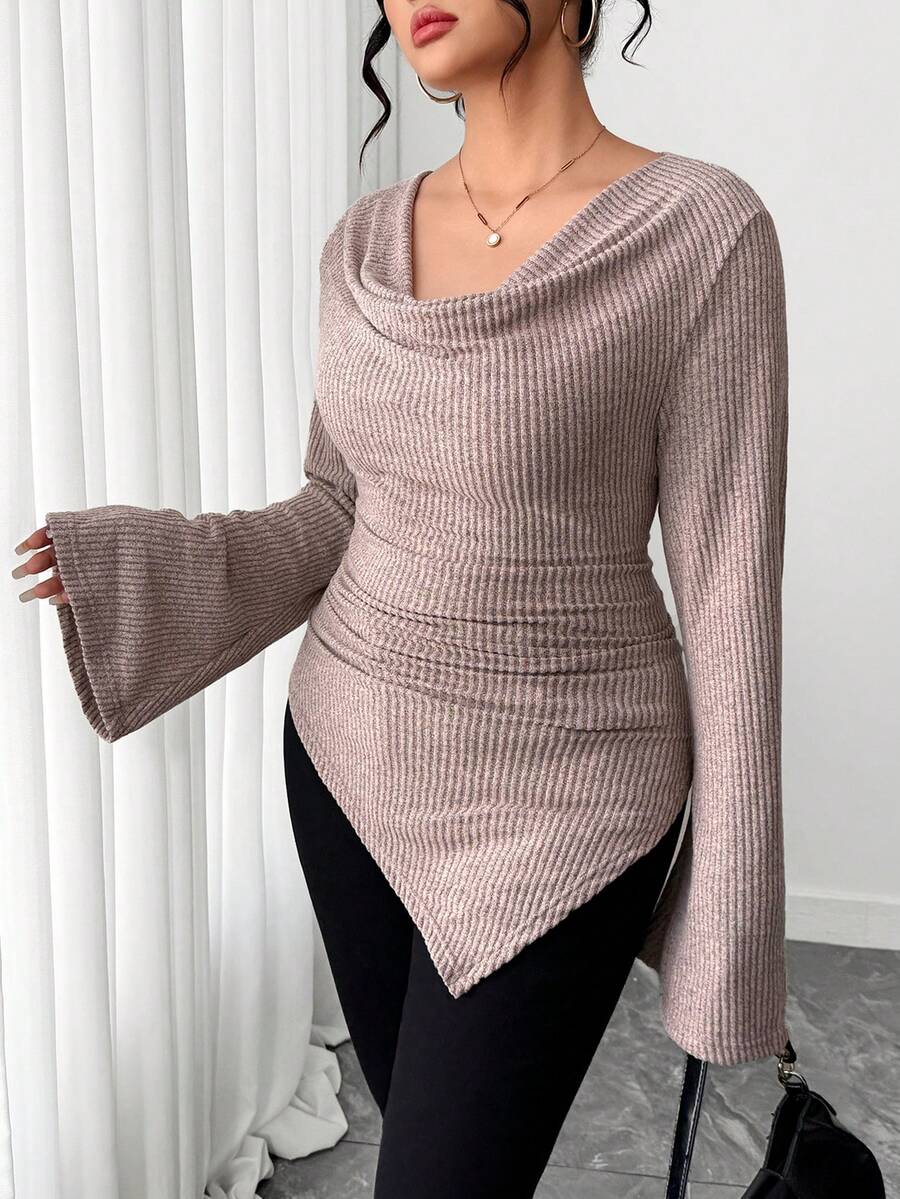 SHEIN Tall CURVE 大码优雅柔软绒毛针织喇叭袖T恤，适合高个女性 - 淺粉色 - 查看 1