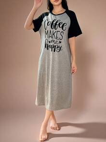 SHEIN Contrast Color Raglan Short Sleeve Women's Knit Crew Neck T-Shirt Nightgown - Black - View 1
