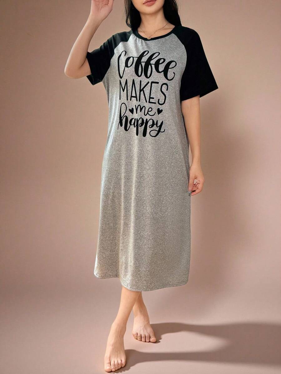 SHEIN Contrast Color Raglan Short Sleeve Women's Knit Crew Neck T-Shirt Nightgown - Black - View 1