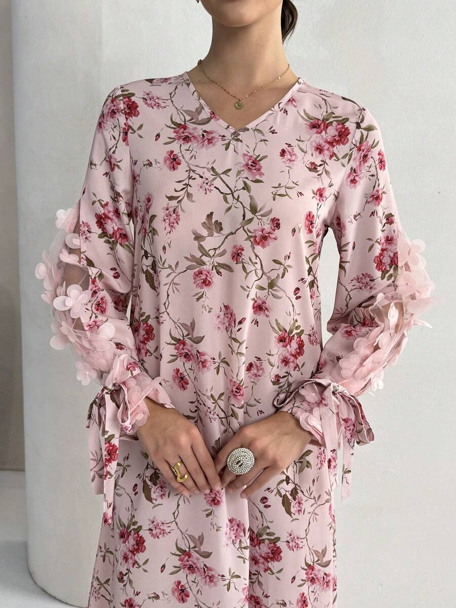 Yasmyna Women's Elegant Floral Print Applique Arabic Style Dress, Autumn - Pink - View 1
