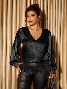 Cravure Áo kiểu nữ cỡ lớn cổ chữ V chất liệu ánh kim - màu đen - Xem 4