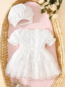 女婴白色公主裙，短袖蕾丝薄纱连衣裙，配蝴蝶结发带套装 - 白色 - 查看 2