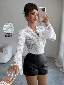 Elenzga Women's White, Sexy And Elegant Luxury Lace Blouse. Fitted V-Neck Long Flare Sleeve, Lace Material, Semi-Sheer Lace Ruffle Trim. Suitable For Autumn, Winter, Spring. For Party, Banquet, Gathering, Casual Daily Wear, Halloween, Christmas. - White - View 4