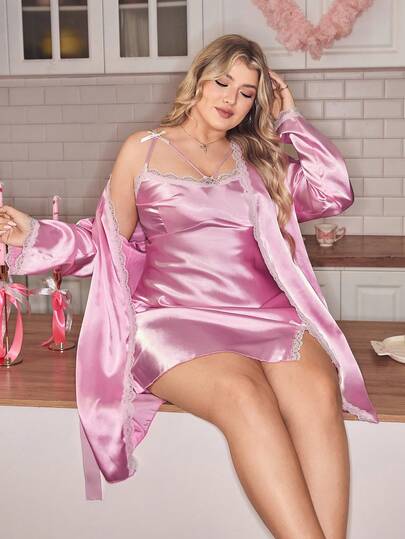 SweetSlumber Conjunto de ropa de dormir romántica para mujer de talla grande con adorno de lazo y encaje estilo Y2K