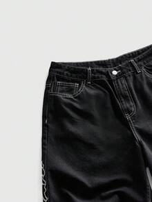 ROMWE MEN 男士刺绣图案宽松牛仔短裤 - 黑色 - 查看 4