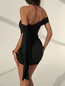 Aloruh One Shoulder Tie Waist Ruched Mini Bodycon Dress - Black - View 2