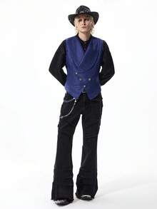 ROMWE MEN Men's Gothic Jacquard Double-Breasted Business Suit Vest - Blue - View 3