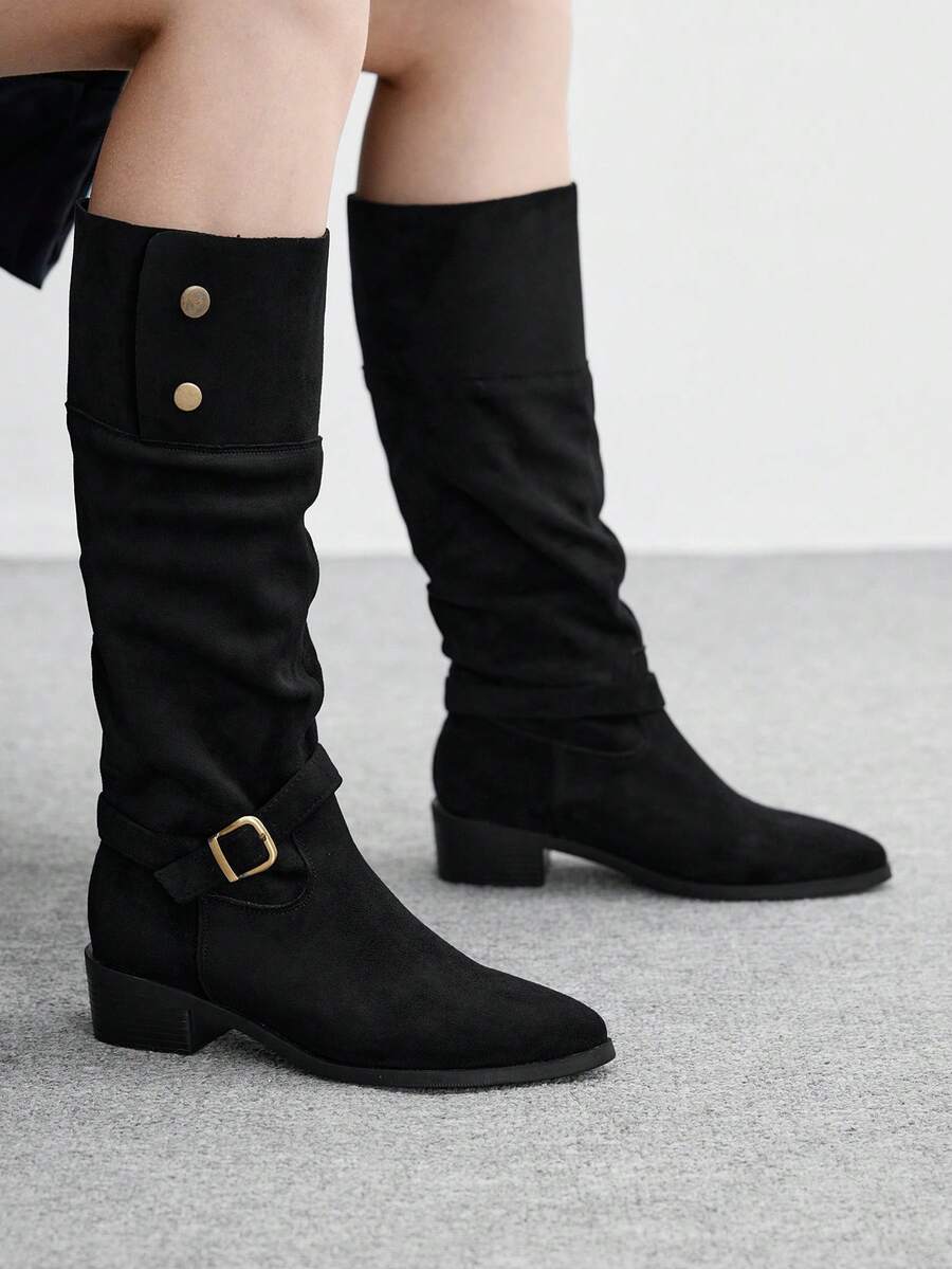 CUCCOO BIZCHIC Women's Buckle Design Everyday Fashion Pleated Chunky Heel Knee-High Boots - Black - View 1