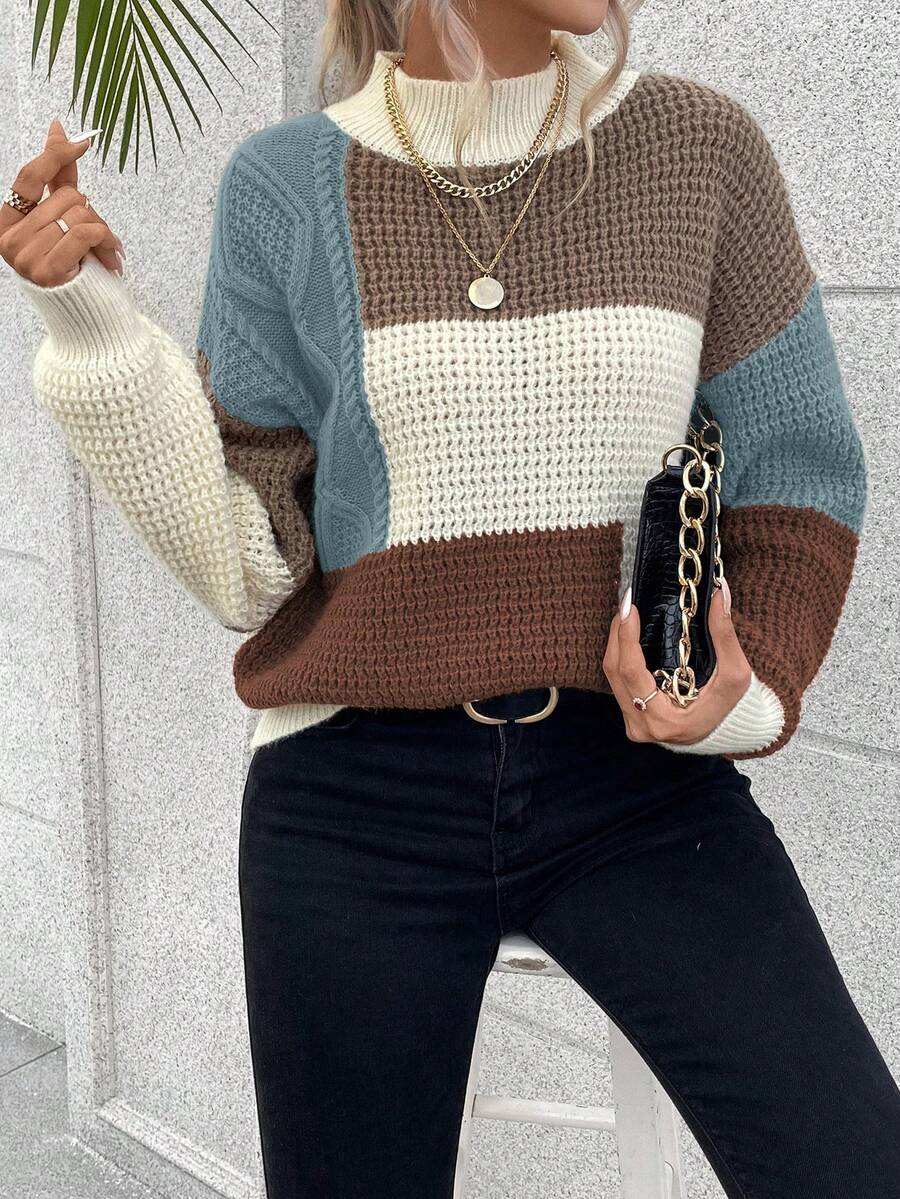 EMERY ROSE 女士撞色落肩长袖休闲宽松套头毛衣，秋冬款 - 彩色 - 查看 1