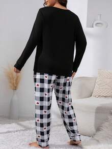 Lazeform 字母印花T恤搭配爱心格纹长裤睡衣套装/家居服套装，舒适优雅，秋冬服装之选 - 黑與白 - 查看 3