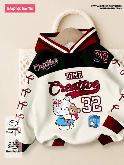 GraphicGems 1pc Young Girls Casual Minimalist Cartoon Cat & Number Print Hooded Sweatshirt With Butterfly Sleeve, Suitable For Girls In Autumn/Winter