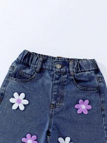 Girls/Toddlers Fashion Snowflake Washed Distressed Embroidered Flare Pants - Royal Blue - View 5