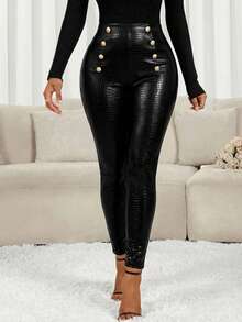 SHEIN Lady 女士时尚金属扣高腰打底裤