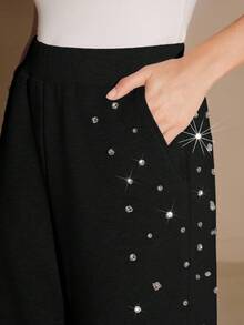 Anewsta Fashionable Thermal Lined Rhinestone Design Loose Wide-Leg Sweatpants, Suitable For Fall, Festival, Spring - Black - View 2