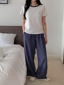DAZY 碎花撞色拼接女士睡衣套装 - 白色 - 查看 5