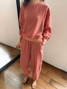DAZY Red Plaid Sweatshirt Style Women Pajama Set - Red - View 8