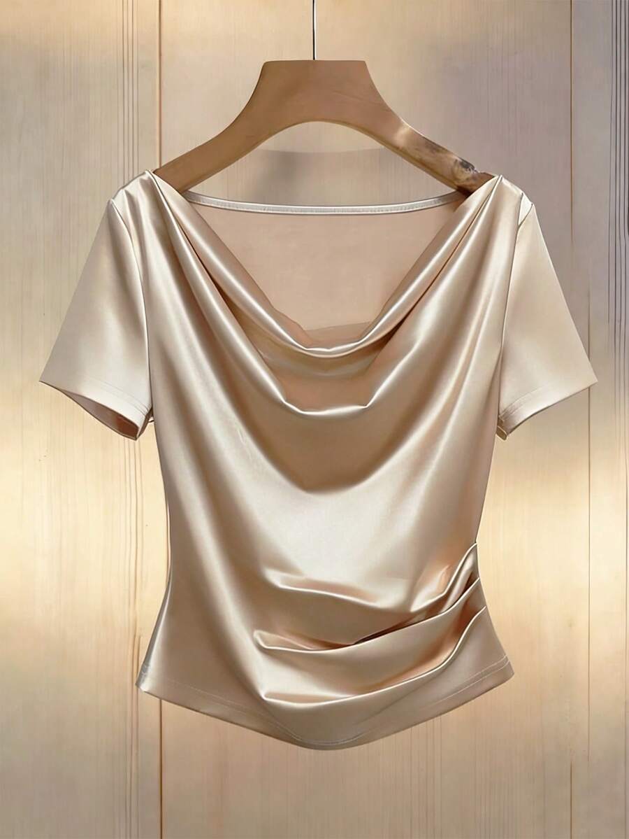 SHEIN Franclia 纯色亮面修身褶皱圆领女式T恤 - 香檳色 - 查看 1