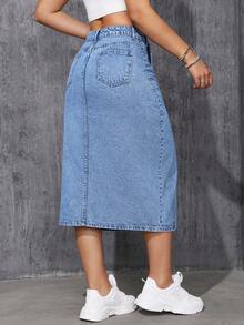 SHEIN EZwear 女士不对称设计高开衩口袋牛仔裙 - 淺色水洗藍 - 查看 2