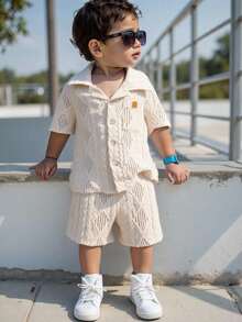 LMoss Kids 两件套男女宝宝休闲百搭白色纯色镂空针织柔软圆领短袖开衫上衣搭配撞色卡其色束口舒适短裤，适合春夏穿着 - 杏色 - 查看 4
