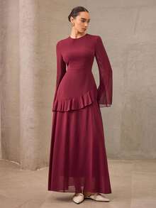 Graceveil Style Elegant & Romantic Brown Dress For Women, Suitable For Parties Red Dress  Elegant Modest Dress Maroon Dress Long Sleeve Elegant Dress Wine Dress Ruffle Trim Dress - Burgundy - View 1