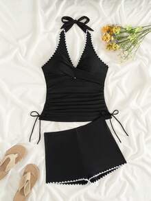 Swim Lushoire Elegant Women's Black Halter Sleeveless Rib Knit Tankini With Knot Detail And Colorblock Shorts - Black - View 8