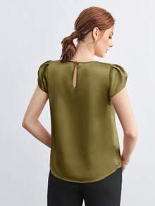 BizChic Áo sơ mi nữ màu xanh lá cây cổ tròn, tay bồng xếp ly, kiểu dáng tối giản, phù hợp cho mùa xuân/hè, đa năng cho các dịp thường ngày, trang trọng, dự tiệc, đi biển, lễ tốt nghiệp và nhiều hơn nữa. - xanh quân đội - Xem 8