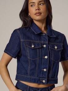 MUSERA Cropped Short Sleeve Washed Denim Top Spring, Girly, Day Outfits, Cute, Casual Sweet Pea - Navy Blue - View 2