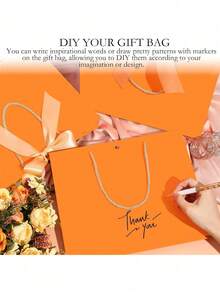 1/5pcs-Landscape-Style Kraft Paper Gift Bags, Shopping Bags, Packaging Bags With Handles, Bow-Decorated Handbags, Trick Or Treat, Halloween, White Large-Capacity Paper Bags, Halloween, Thanksgiving, Christmas, New Year, Wedding, Birthday Gift Packaging Bags - Orange - View 3