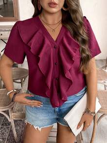 Weeklong 大码女式时尚休闲荷叶边V领短袖衬衫，修身褶皱荷叶边衬衫，优雅夏季百搭V领短袖衬衫，适合通勤、购物或与朋友聚会 - 酒紅色 - 查看 5