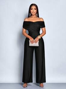 SOLERSUN Women's Elegant Solid Color Criss Cross Ruched Off Shoulder Jumpsuits - Black - View 4