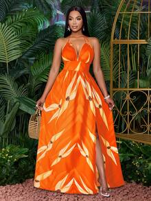 SOLERSUN Women Casual Holiday Deep V Neck Backless Ruched Split Thigh Maxi Dress With Botanical Print - Orange - View 3