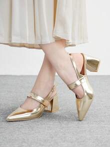 CUCCOO BIZCHIC Women's Fashion Apricot Color Metal Buckle Decor Chunky Heels Pumps, Classic Minimalist Design For Commuting, Dating, Party, Holiday, Wedding Valentine's Day Spring Shoes - Gold - View 5