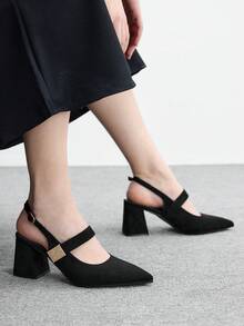 CUCCOO BIZCHIC 女士时尚杏色金属搭扣装饰粗跟鞋，经典简约设计，适合通勤、约会、派对、度假、婚礼等场合。 - 靜夜黑色 - 查看 5