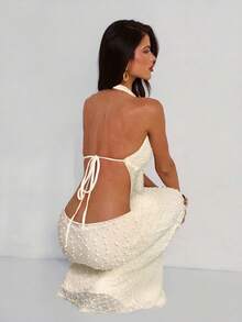 Aloruh 女士度假深V领海星纯色纹理露背高开衩连衣裙 - 杏色 - 查看 8