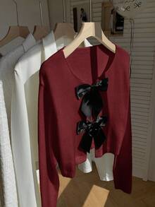 Comfortcana Plus Size Crew Neck Bow Contrast Color Casual Cardigan, Autumn/Winter