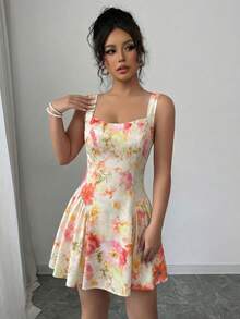 Elenzga Sleeveless Draped Neck Waist Gathered A-Line Elegant Romantic Dress, Suitable For Spring/Summer Tea Party - Multicolor - View 4