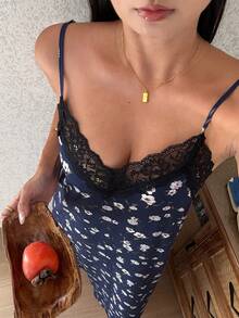 DAZY 花卉對比色蕾絲拼接無袖長款女式睡袍睡衣 - 藏蓝色 - 查看 5