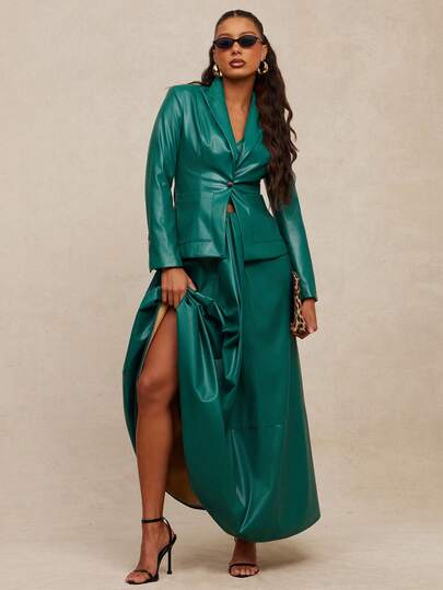 NYA SZN Jacket Blazer Long Sleeve V Neck Plunge Button Up Outerwear Blue Faux Leather Festive Holiday Festival Business Casual Office Event Party Luxury Carnival Outfits For Women