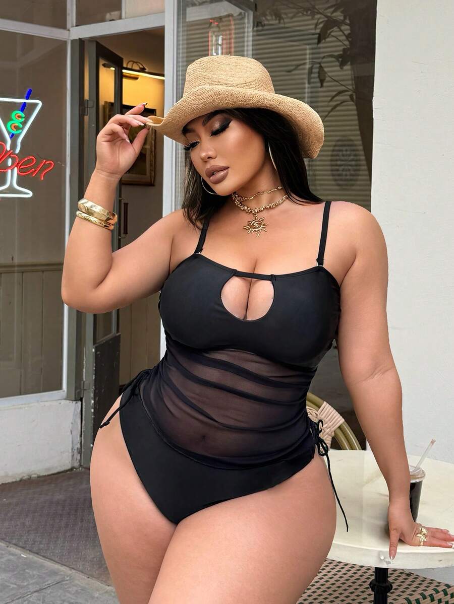 Slaydiva Bộ đồ bơi mùa hè mới 2026 dành cho nữ, kiểu dáng tối giản, gợi cảm, phối lưới, có dây rút, dây đeo vai mảnh có thể tháo rời, buộc bên hông, thích hợp cho kỳ nghỉ, bãi biển, tiệc tùng và hẹn hò. - màu đen - Xem 1